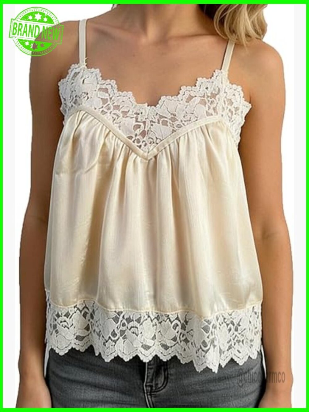 Lace Satin Babydoll Tank Top Spaghetti Strap V Neck Pleated Flowy Sleeveless